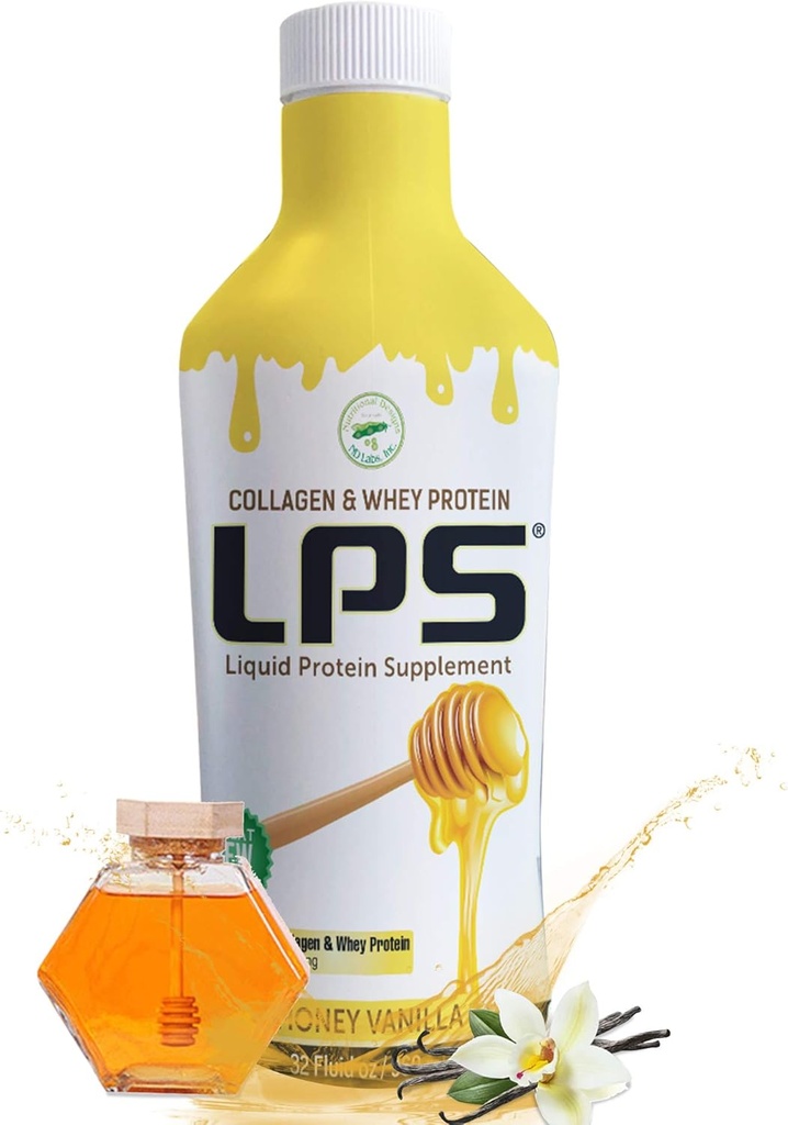 LPS Liquid Collagen & Whey Protein Supplement - Sugar-Free, Dye-Free, Non-GMO Drink - Hydrolyzed Collagen & Whey Peptides Promotes Healthy Skin & Hair for Men & Women, Honey Vanilla, 32 fl oz