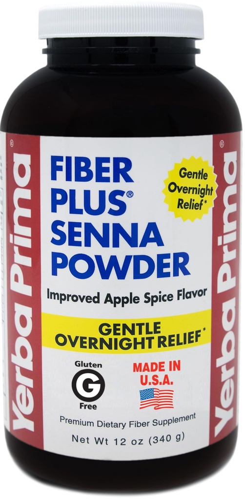 Yerba Prima Fiber Plus Senna Powder, 12 oz (pakket van 1) - Apple Spice Flavor, Zachte Overnight Relief, Verenigde Staten Made, Non-GMO, Stevia Sweetened, korte termijn gebruik om regelmatigheid te herstellen