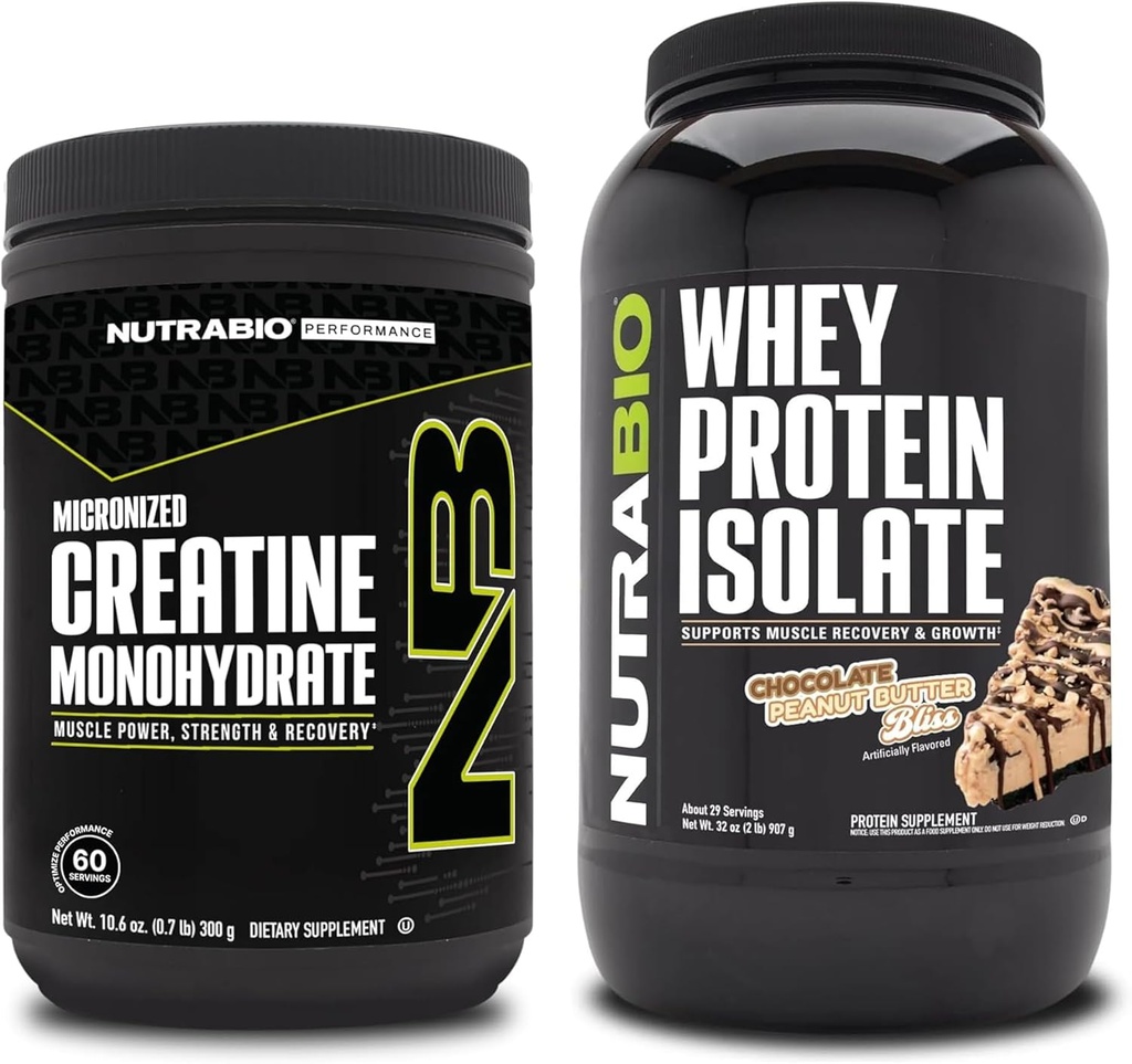 NutraBio Creatine Monohydraat, Unflavored, 300g en Wei Proteïne Isolaat, Chocolade Pindakaas, Supplement Bundle - Spierenergie, Lean Spiergroei, Herstel, en kracht