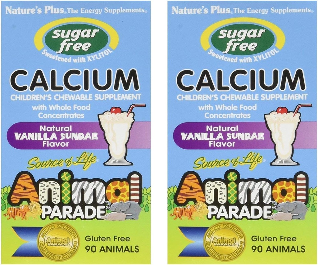 NaturesPlus Animal Parade Sugar-Free Children's Calcium, Vanille Sundae smaak - 90 Kauwbare Animal Shape Tablets, Verpakking van 2 - Magnesium voor Bone Health - Glutenvrij - 90 Serven