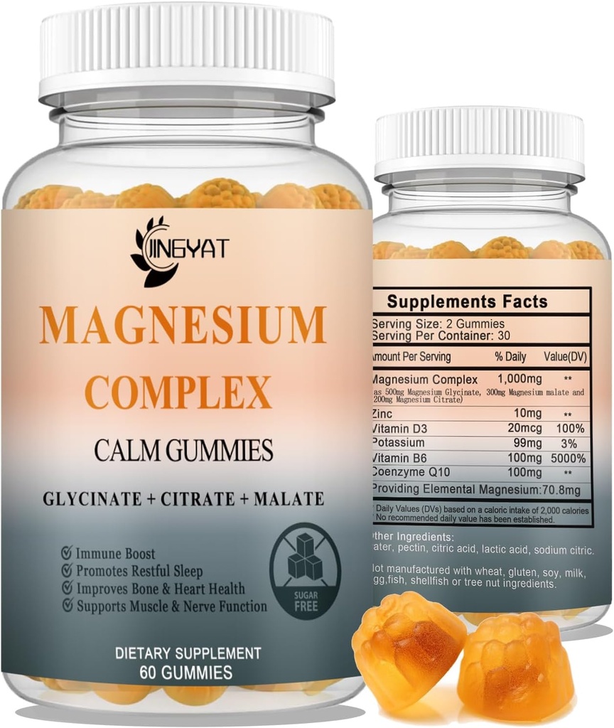 Triple Magnesium Complex - Hoge Absorptie Magnesium Gummies, Magnesium Glycinate, Malate, & Citraat, Chelated Forms met Vitamine D en Zink, Kalium, Coq10 Supplement