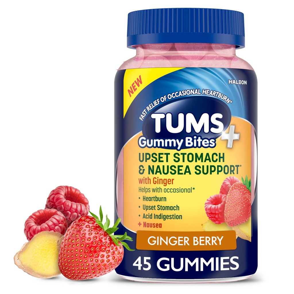 TUMS Plus Gestoorde Maag & Misselijkheid Ondersteuning, Dieetsupplement, Ginger Berry - 45 Tel.