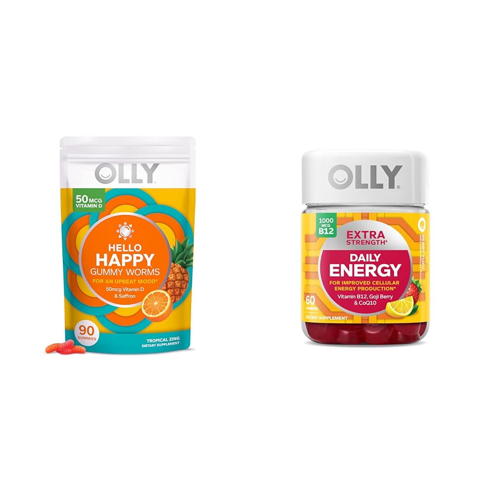 OLLY Hallo Happy Gummy Wormen, Mood Balance Support, Vitamine D, Saffraan, Volwassen Kauwbare Supplement & Extra sterkte Dagelijkse energie Gummy, Cafeïnevrij, 1000 mcg Vitamine B12, CoQ10, Goji Berry