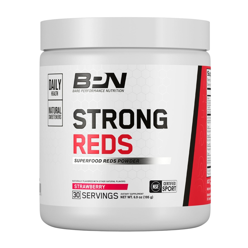 BARE PERFORMANCE NUTRITION, BPN Strong Reds Superfood Powder, Digestieve Enzymen, Antioxidanten, Verbeterde Natuurlijke Energie, 30 porties, Aardbei