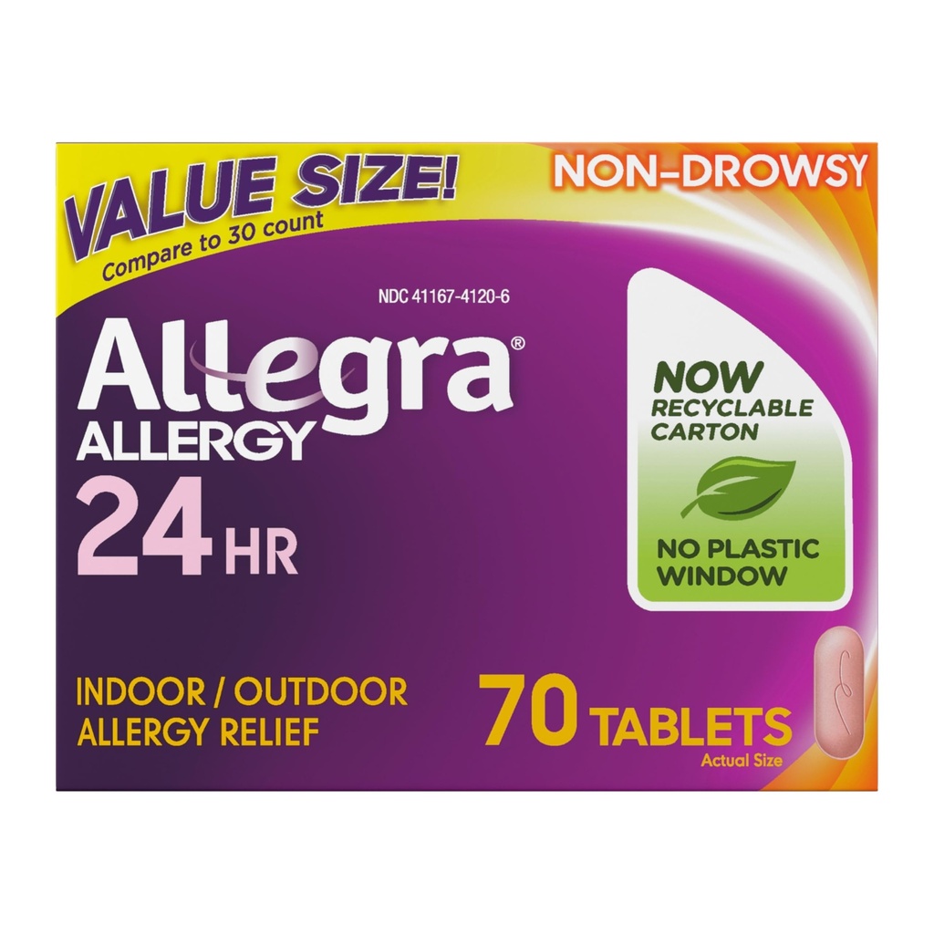 Allegra Adult 24-uurs Allergie Relief Tablets, Non-Drowsy Indoor and Outdoor Allergie Medicine, 180 mg Fexofenadine HCI Antihistamine Pill, 70-Count