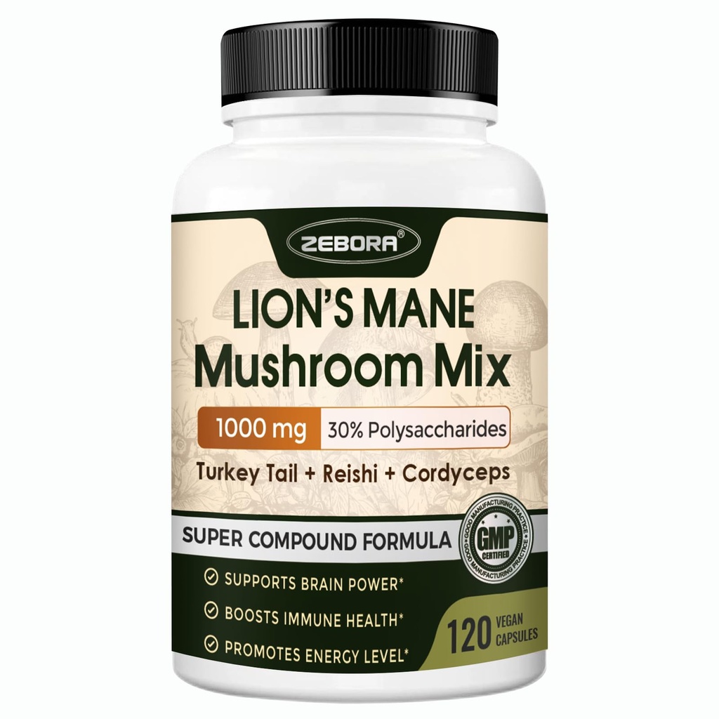 ZEBORA Lions Mane Supplement Capsules - Mushroom Supplement met Lions Mane, Cordyceps, Reishi, Turkije staart, Shiitake - Lion's Mane Mushroom for Memory, Focus & Immune Support - 119 Vegan Capsules