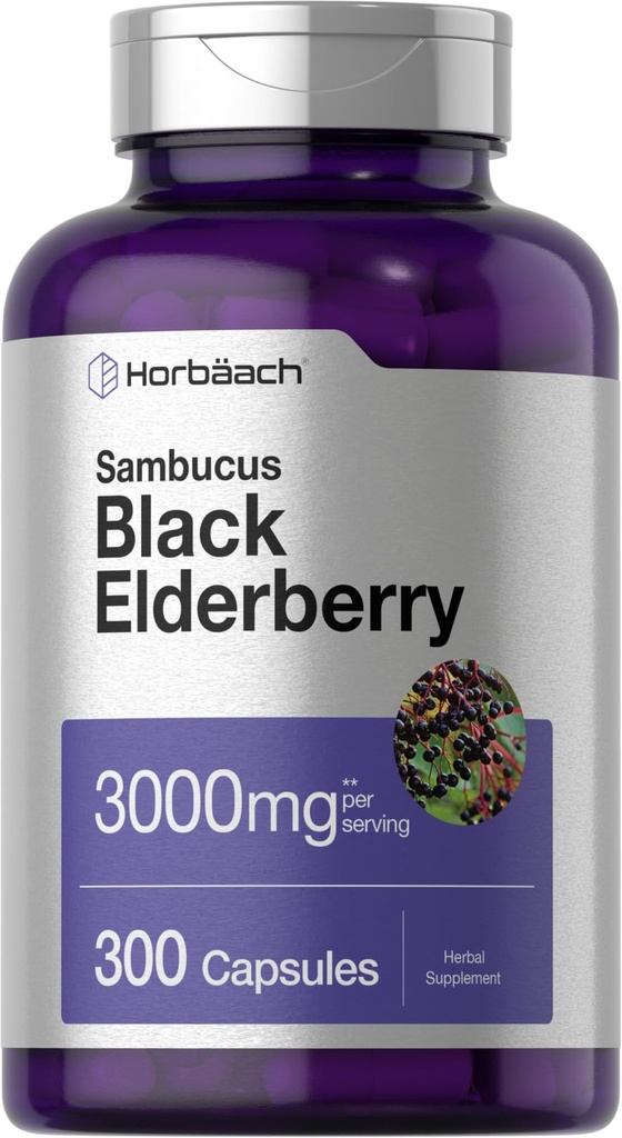 Horbäach Black Elderberry | 300 Capsules | Sambucus Supplement | Non-GMO & Gluten Free