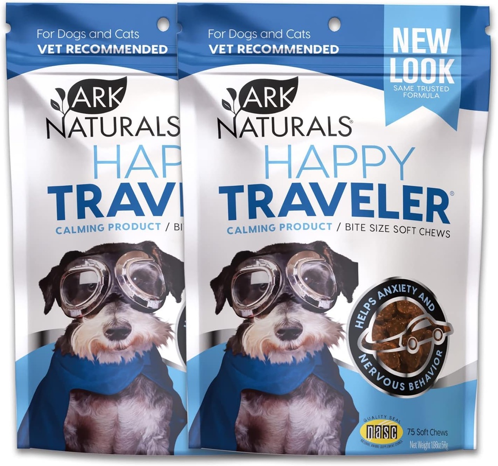 ARK NATUURLIJKE Happy Traveler Calming Chews Bundle Pack, Gemakkelijk angstig en zenuwachtig gedrag bij honden en katten, Vet Aanbevolen, 2 Pack