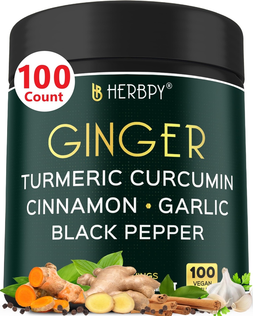 Herbpy 5in1 Ginger and Turmeric Supplements with Ceylon Cinnamon, Garlic - Digestion, Immune, Brain & Heart Health Support - 100 Ginger Capsules