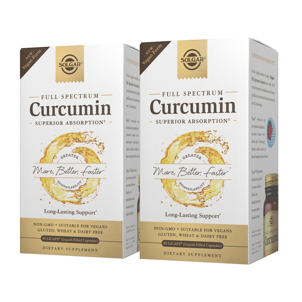 Solgar Full Spectrum Curcumin - 90 LiCaps, Pack of 2 - Superior Absorptie - Brain, Joint & Immune Health - Non-GMO, Veganist, Glutenvrij, Zuivelvrij - 180 Totaal porties