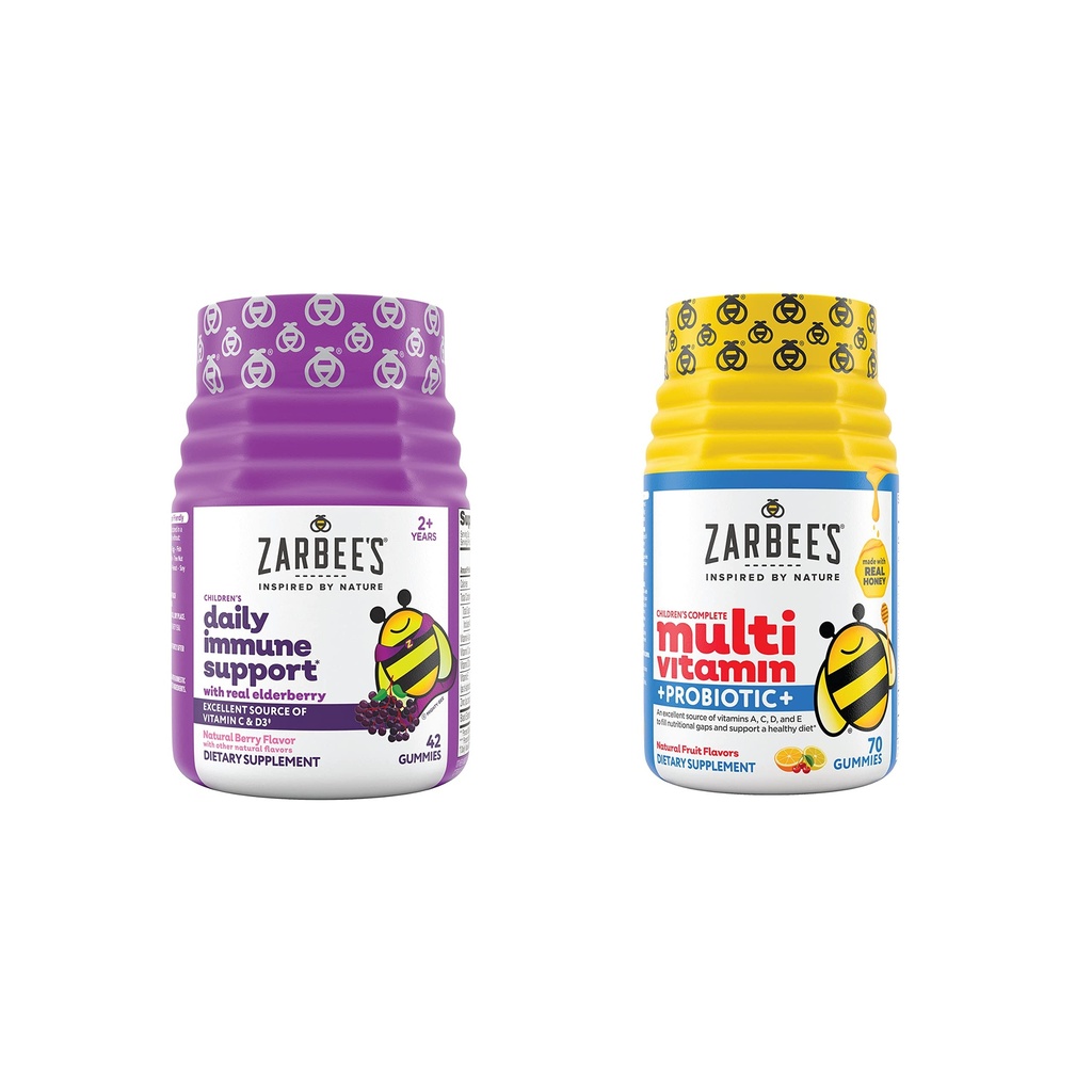 Zarbee's Kids Daily Immune Support & Kids Multivitamine + Probiotische Multiverpakking, Immune Support Gummies met Vlierbes, Vitamine C & Zink, 42 ct, & Children's Vitamins + Probiotic Gummies, 70 ct, 2 Items