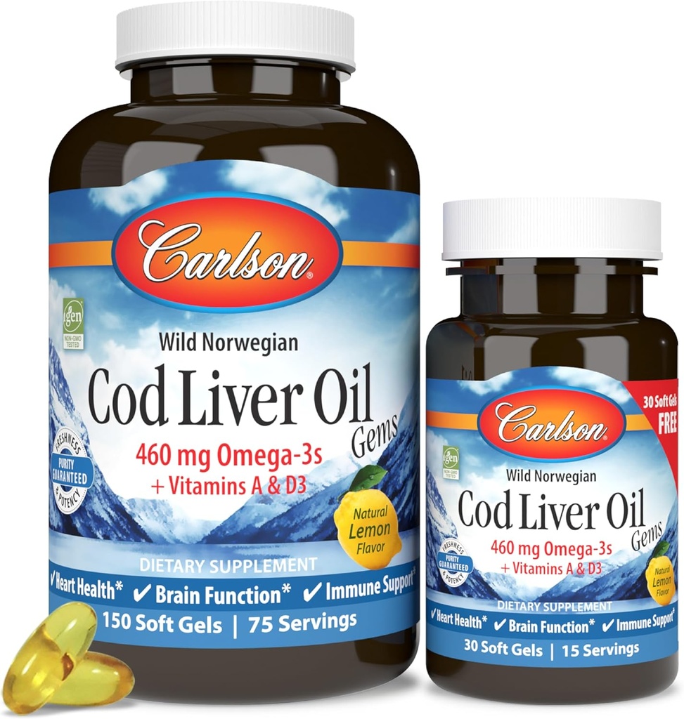 Carlson - Rode leverolie Gems, 460 mg Omega-3s + Vitaminen A & D3, Wild-Caught Norwegian Arctic Cod Liver Oil, Sustainablely Sourced Nordic Fish Oil Capsules, Lemon, 180 Softgels