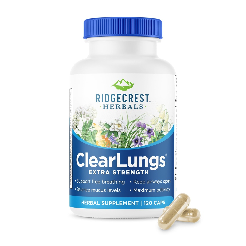 RidgeCrest Kruiden ClearLungs Extra sterkte, Natuurlijke Long, Nasal Health Formula, Bronchial, Respiratory, Sinus, Slijm ondersteuning (120 Caps, 60 Serv)