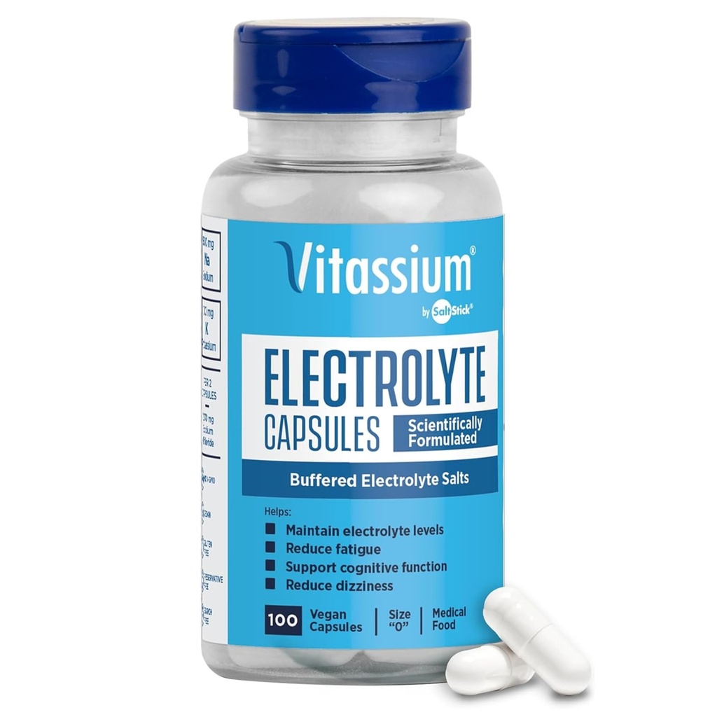 Vitassium Electrolyte Capsules, Elektrolyten voor het beheer van POTS en hoge natriumdieten (500 mg natrium - 100 mg kalium), Unflavored, 100 zoutpillen (maat 0)