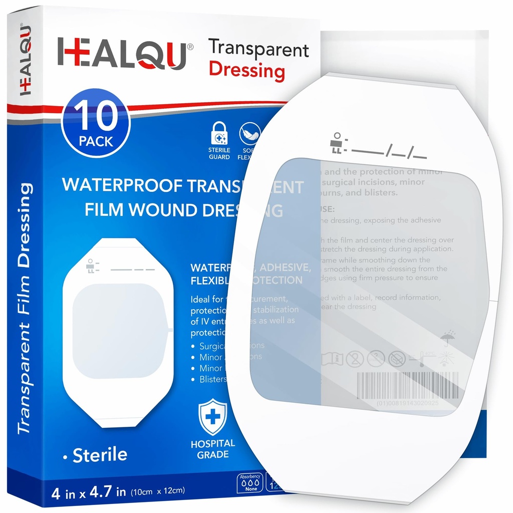 Transparante film dressing 4" x 4,75" (10 Pack) - Waterdichte lijm Wond Bandages voor post-chirurgische douche, IV Shield, Tattoo Nazorg, Clear Adembare Dressing Patches door HEALQU