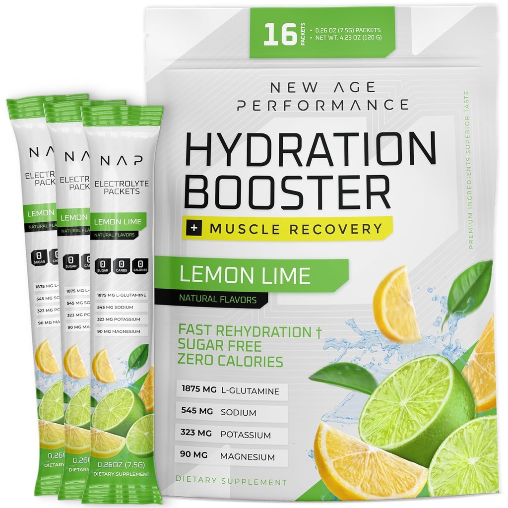 New Age Performance Hydration Packets, Electrolytes Powder, Liquid Enhancer for Dehydration Relief, L-Glutamine Amino Acids for Muscle Workout Recovery, Sugar Free & 0 Calorie, 16 Sticks (Citroen Lime)