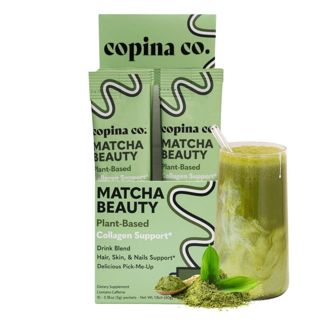 Copina Co. Matcha Beauty Vegan Collagen Booster Drink Blend: Plant Based Collagen Support Smoothie Drink Vegan Blend Variety Pack | Matcha Flavor | 10 Individual Stick Packs per Carton
