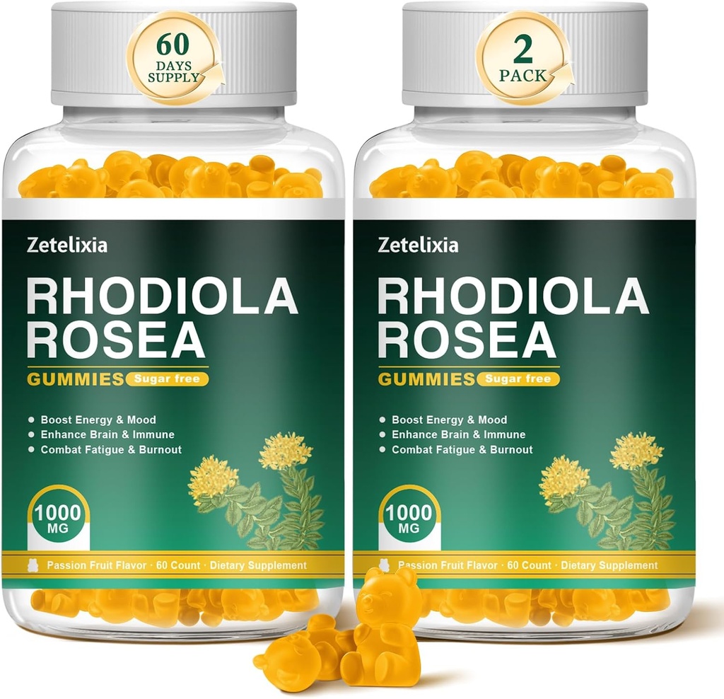 2 Pack Sugar-Free Rhodiola Rosea Gummies 1000mg, Rhodiola Rosea Supplement for Women & Men, Support Endurance, Mood & Energy, Non-GMO, Vegan, 120 Tel.