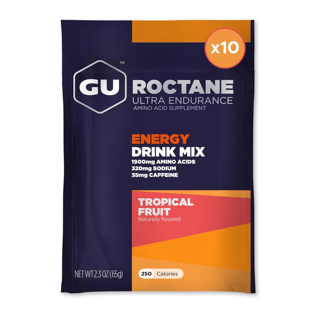 GU Energy Roctaan Ultra Endurance Energy Drink Mix, Veganistisch, Glutenvrij, Kosher, 35mg Cafeïne, en Dairy-Free n-the-Go Energie voor elke training, 10 Single-Serving Packets, Tropical Fruit