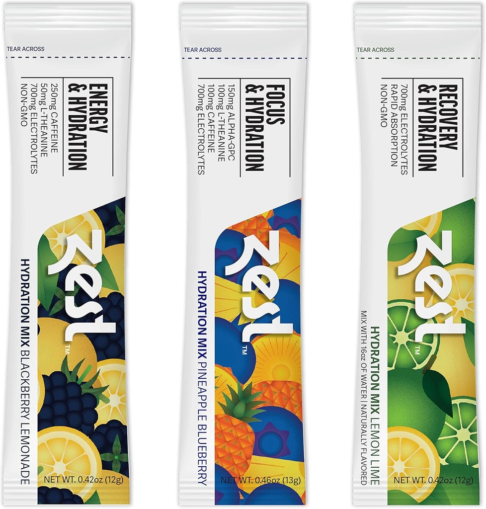 Zest Hydration Electrolyte Powder - Variety Pack - Mix w/Water - 6 Travel Packets - Low Sugar Supplement - Recovery, Energy, & Focus Drink - IV Pijlers van vloeibare rehydratie incl Zout & Kalium