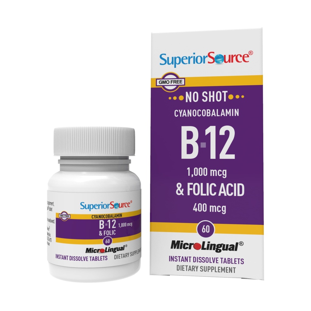 Superior Bron Geen Shot Vitamine B-12 Cyanocobalamine 1000 mcg & Folic Acid 400 mcg - Biedt energie, hart, hersenen, en stress ondersteuning - 60 Sublingual Dissolving Tablets
