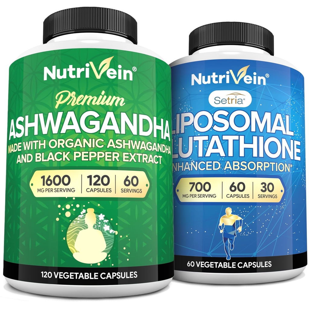 Nutrivein Premium Ashwagandha & Liposomale Glutathion Supplement Bundle: Hoge-Absorptie Glutathion Liposomale Supplement & Ashwagandha Supplements for Immunity, Balance, Vitality, & Detox