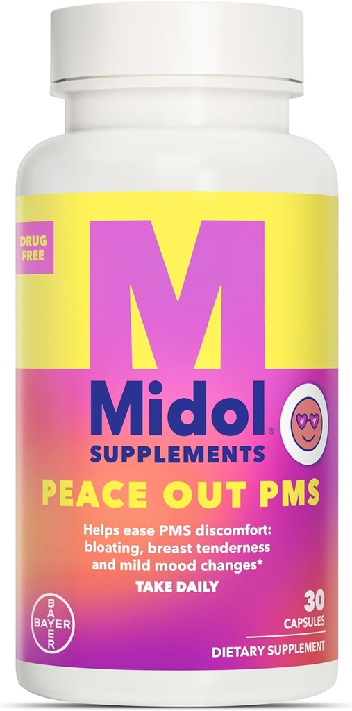 MIDOL Supplementen Peace Out PMS, PMS Ondersteuning Supplement, Geformuleerd met Chasteberry om borst tenderness en milde stemming veranderingen te helpen, ook met Gemberpoeder en Valeriaan Extract, 30 Tellen