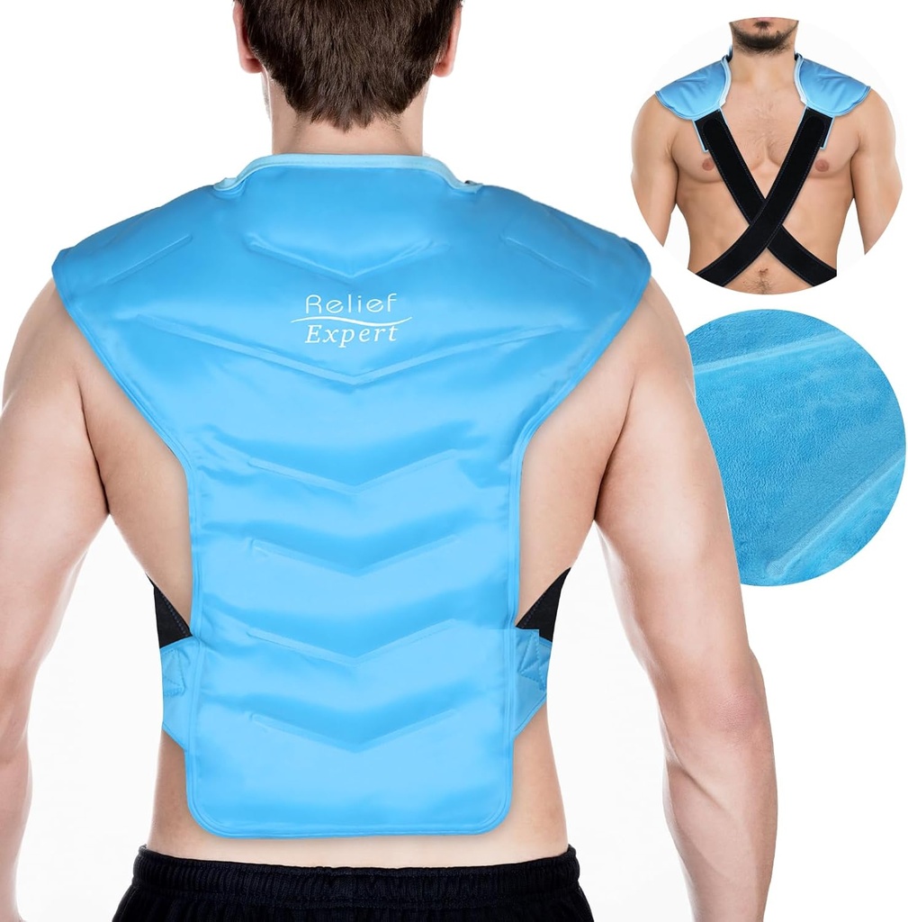 Relief Expert Large Back and Shoulder Ice Pack Wrap Reusable Gel Cold Pack met Dual-Sided Stof en verstelbare riemen, zachte Plush Lining voor bovenrug Koude therapie en post-workout herstel