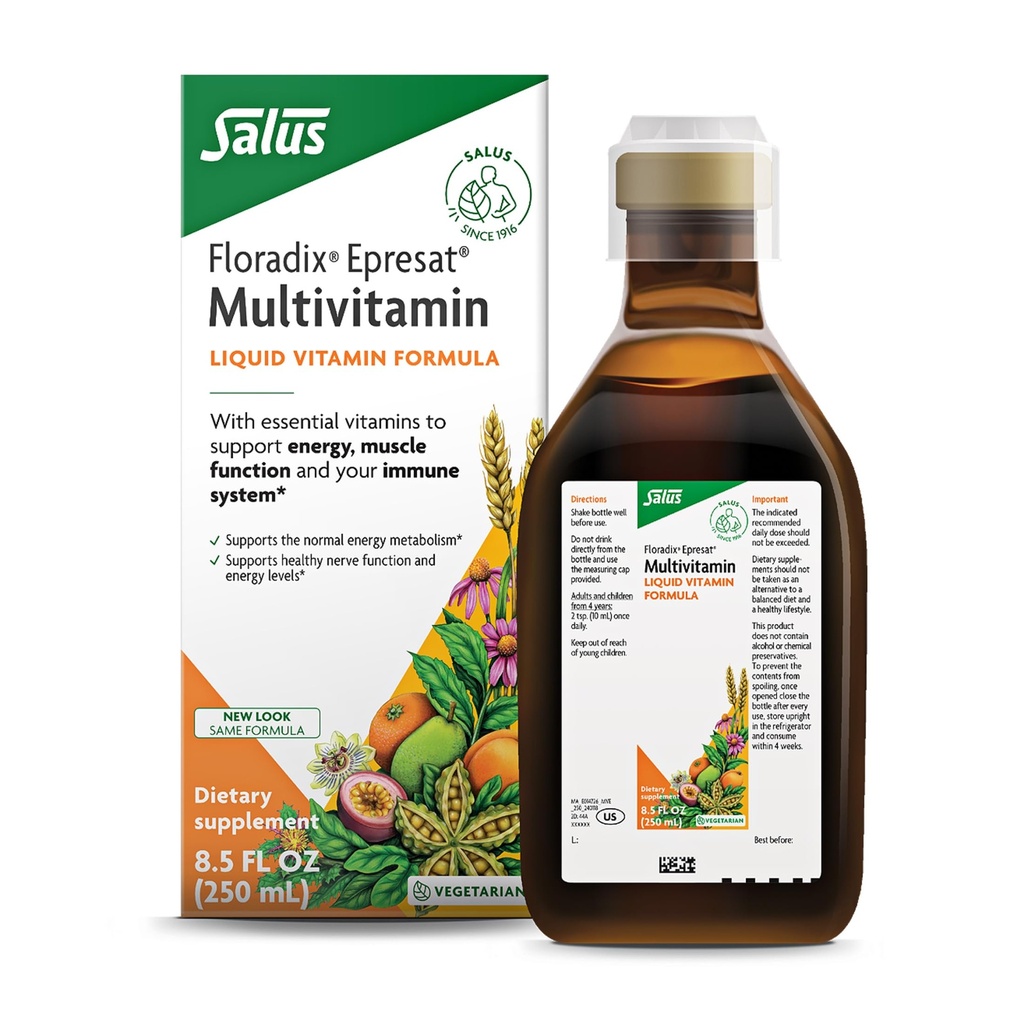 Floradix Epresat Adult Liquid Multivitamine - Herbal Supplement - Daily Supplement with Vitamin A, D, B6, Milk Thistle & More - Supports Energy & Liver Health - Vegetarian, Non-GMO - 8.5 floz