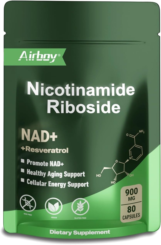 Airboy NAD Supplement met Nicotinamide Riboside Resveratrol & Quercetin 900 mg, NMNH Alternatief voor mannen en vrouwen Ondersteuning Anti-Aging, Energie, Focus - 80 capsules