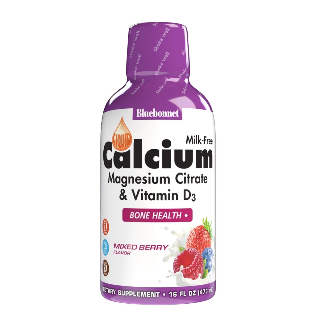 Bluebonnet Nutrition Liquid Calcium Citrate, Magnesium, Vitamin D3, Bone Health, Gluten Free, Soy Free, Milk Free, Kosher, 16 fl oz, 32 Servings, Mixed Berry Flavor