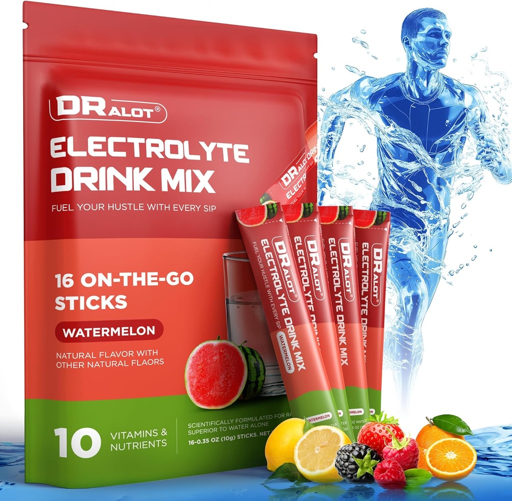 Suikervrije Electrolyten poeder met natuurlijke smaken, 3X snelle hydratatie pakketten met 10 Electrolyte & vitamines, vloeibare dagelijkse IV, Non-GMO, Glutenvrije, Keto, Veganist, 16 Sticks, Watermeloen