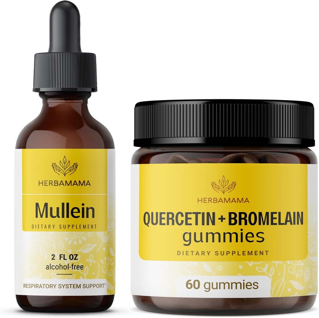 HERBAMAMA Mullein Leaf Extract en Quercetin Gummies Kit - Bundel van Mullein Leaf Drops 2 fl oz en 800 mg Quercetin met Bromelain Gummies - Vegan, Non-GMO, Alcoholvrije - 2 Pack