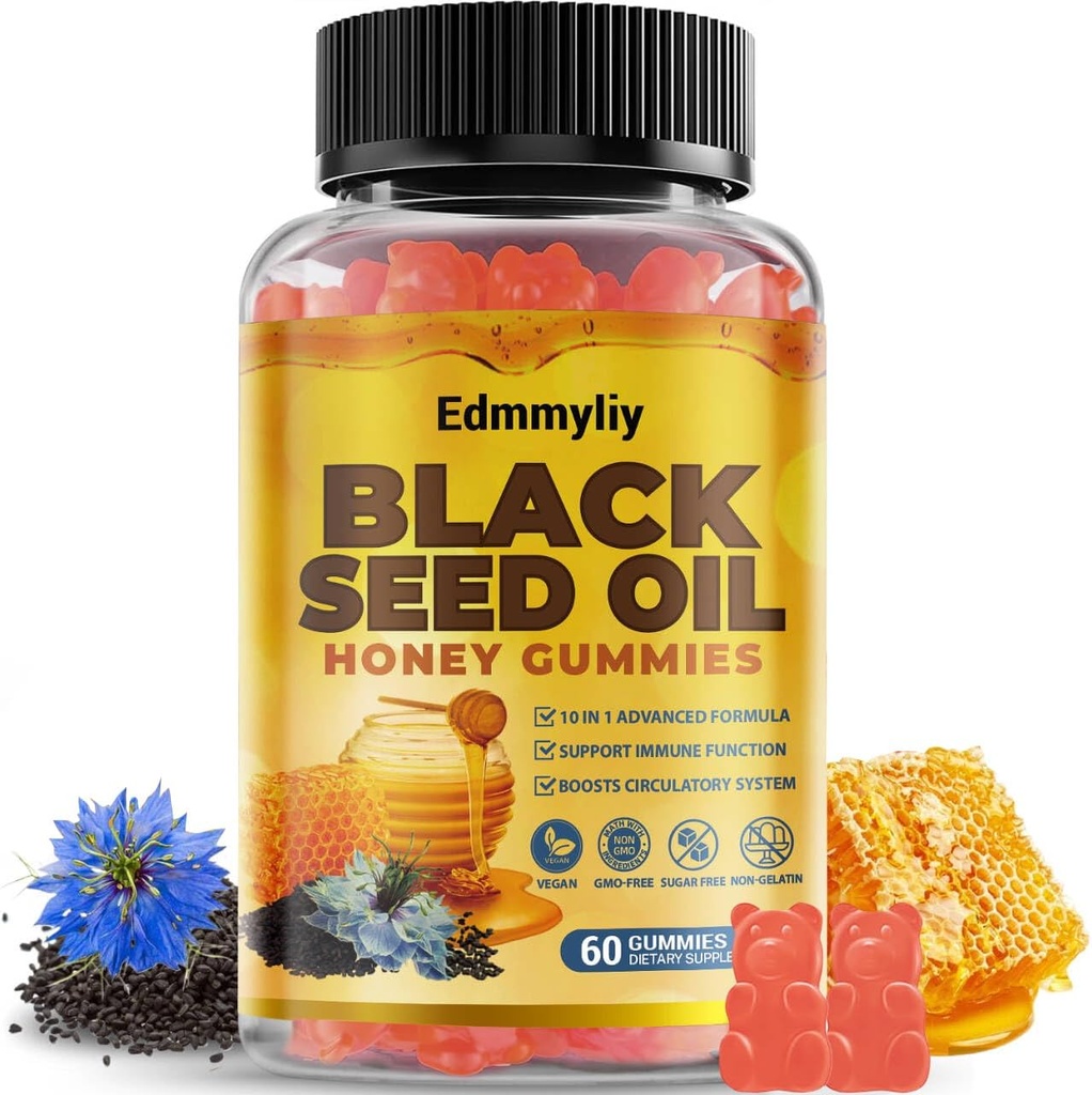 Black Seed Oil & Honing Gummies - Black Seed Oil 500mg with Biotin, Ashwagandha Extract, Kurkuma Extract, Vitamine C & B6 - Ondersteunt Immune & Digestie