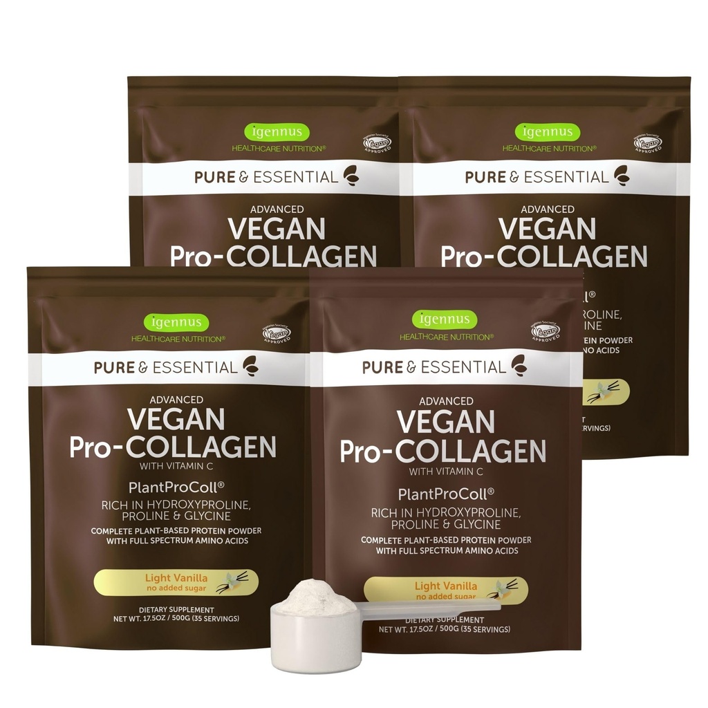 Igennus Advanced Vegan Vanilla Collageen Peptide Powder, Enhanced with Glycine, Proline & Hydroxyproline & Cofactor Vitamin C, Non GMO, Vegetarian Plant Based Collageen Powder Booster, 140 Servings