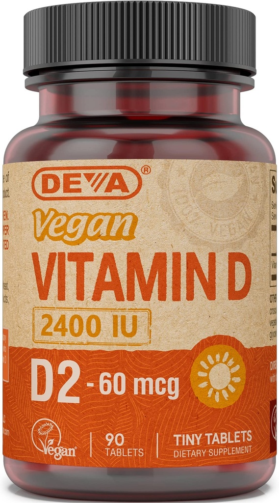 DEVA Vegan Vitamin D2 60 mcg 2400 IE, Ergocalciferol Supplement zonder dierlijke ingrediënten, 90 tabletten, 1-pack