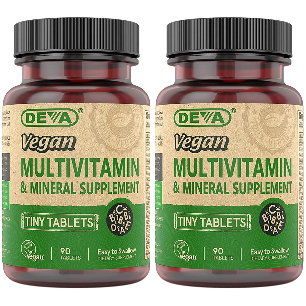 DEVA kleine tabletten Vegan multivitamine voor vrouwen & mannen 2-pack met ijzer, vitamine C, E, B complexe vitaminen, zink, 90 tabletten elk