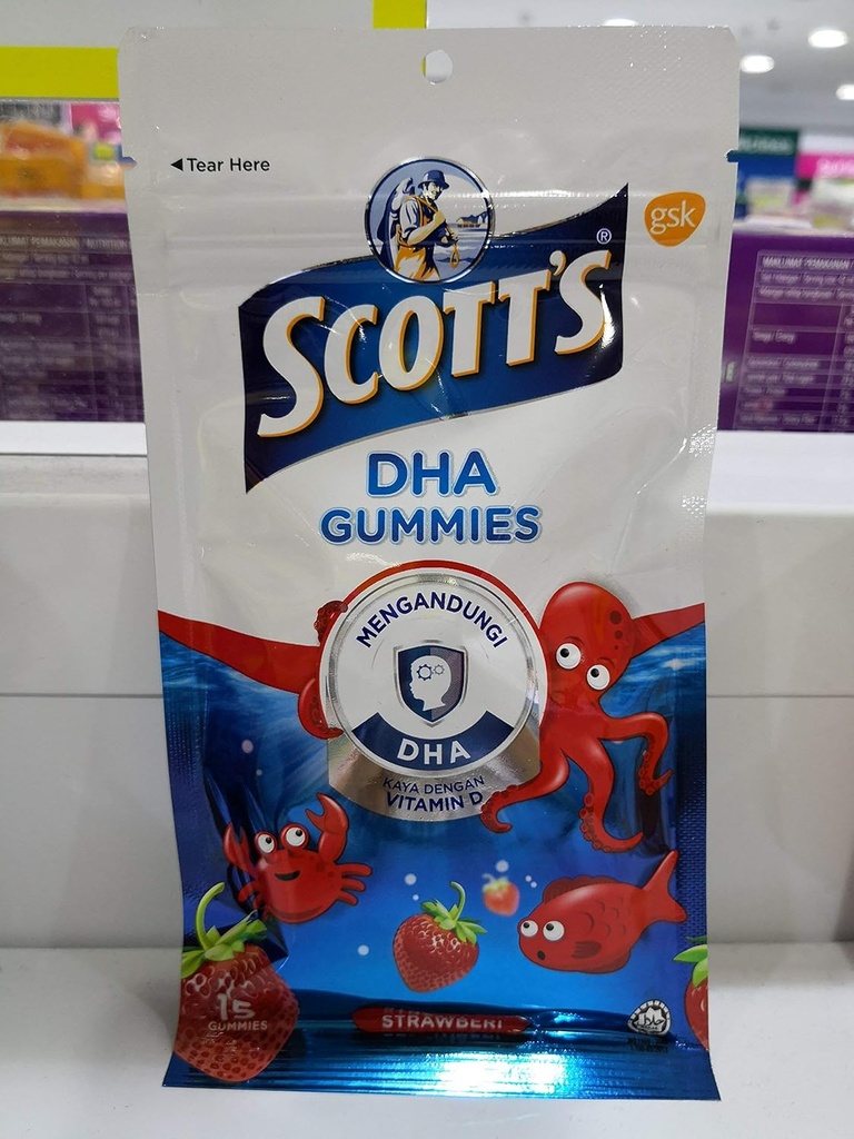 Scott's DHA Gummies,Strawberry Flavour, 15,vitamine D,Essentieel voor gezonde groei en ontwikkeling in kinderen en gezonde immuunfunctie.