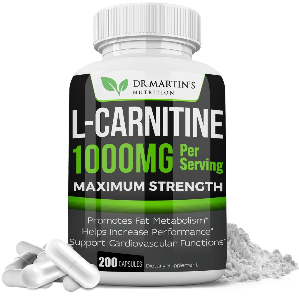 DR. MARTIN'S NUTRITION Extra sterkte L-Carnitine - 200 capsules - 1000 mg per portie - Booster uw stofwisseling en verhoog de prestaties