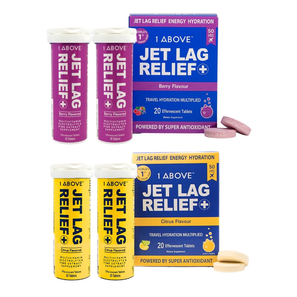 1ABOVE Jet Lag Relief Bruisende Multivitamine met Pycnogenol Travel Supplement voor Hydratatie, Energie, Immuun Ondersteuning en Sneller Herstel - Vlucht Essentieel - Citrus 20 Tel en Berry 20 Tel.