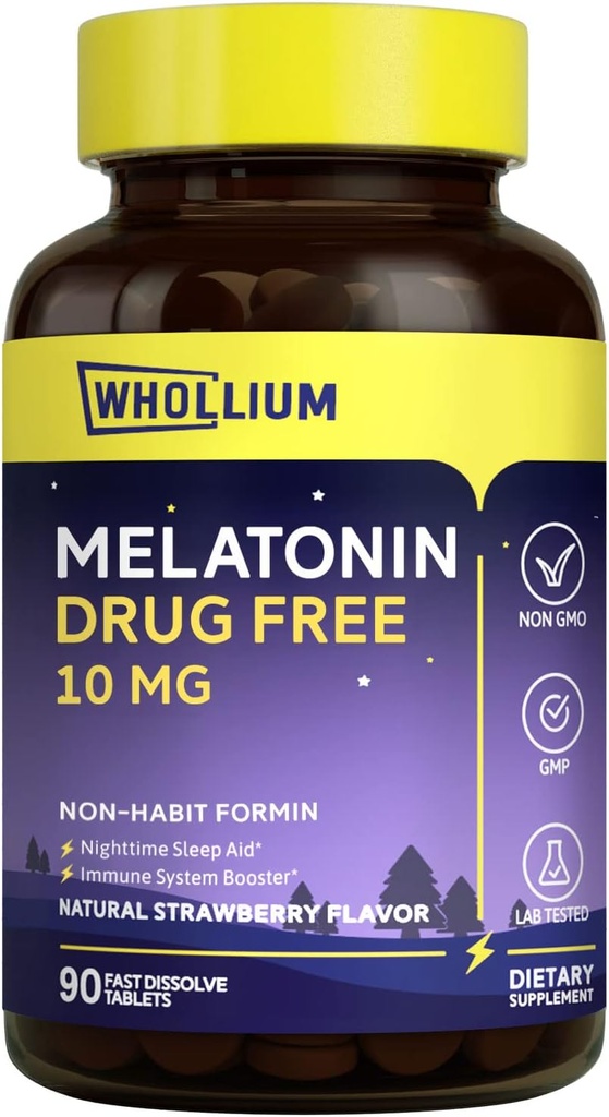 Melatonine 10 mg, Natuurlijke aardbeiensmaak, Gemakkelijk-gemeleerd, Nachtrust, Gemoedelijke rust, 90 Tabs