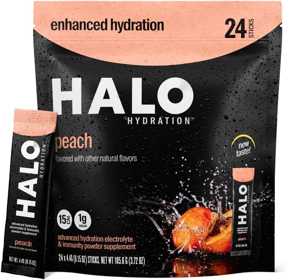 Halo Hydration Electrolyte Powder Packets - Perzik - 24 porties (5 g per stuk) - Biologische hydratatiedrank met lage suiker + essentiële vitaminen + mineralen - Veganistisch