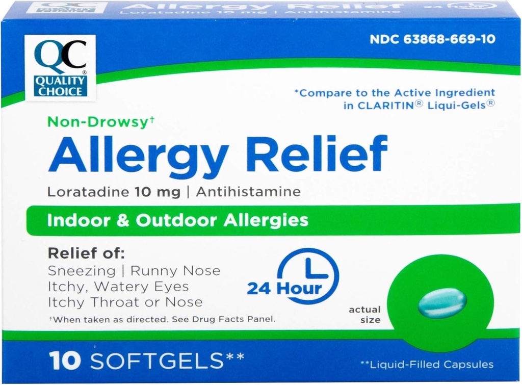 Quality Choice Allergy Relief, 24 Hour Non Drowsy Allergy Relief for Indoor & Outdoor Allergies, Antihistamine Loratadine 10 mg, Liquid Filled Softgels, 10 Count
