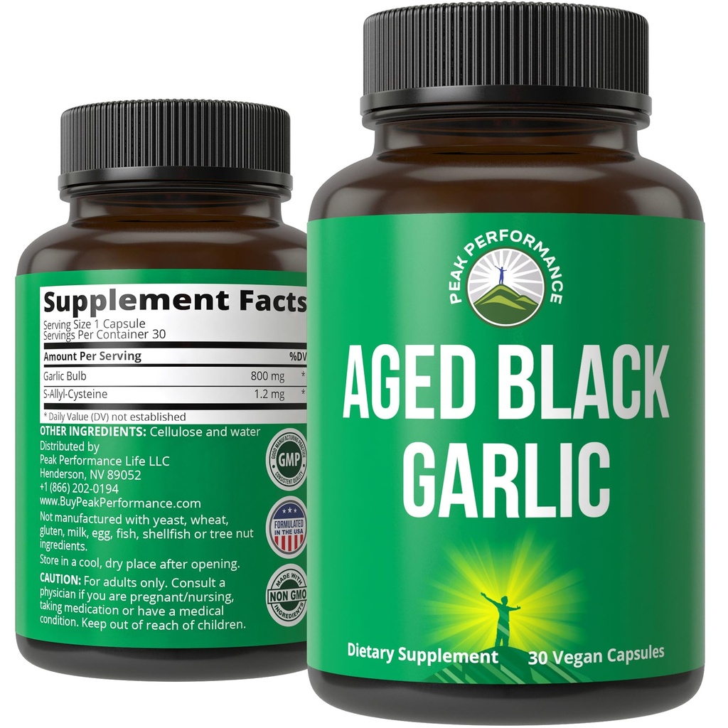 Peak Performance Aged Black Knoflook Capsules. Rauwe Vegan Pure Odorless Extract Supplement Pillen voor Cholesterol, en Immune Ondersteuning. van Knoflook bol met S-Allyl Cysteine en Antioxidanten