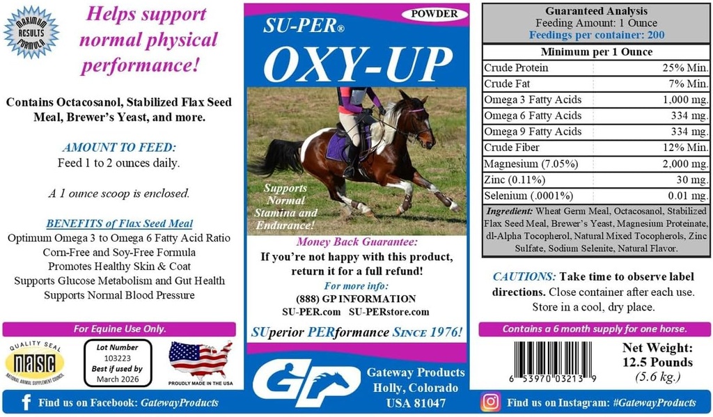 SU-PER Oxy-Up Performance Horse Supplement - Ondersteunt normale uithoudingsvermogen en uithoudingsvermogen - Tarwekiemextract, B-complexe vitamines, Magnesium - 12,5 pond, 6 maanden levering