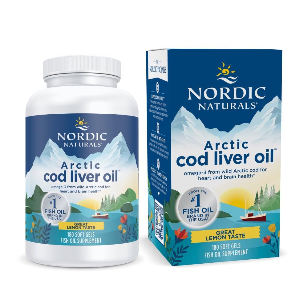 Nordic Naturals Arctic Cod Liver Oil, Citroen - 180 Zachte Gels - 750 mg Totaal Omega-3s met EPA & DHA - Hart en hersenen Gezondheid, Gezonde Immuniteit, Algehele Wellness - Non-GMO - 60 Servers