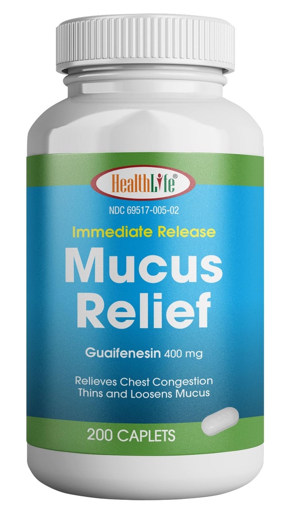 GEZONDHEID LFE Mucus Relief Guaifenesin Caplets 400 mg, Onmiddellijke release Snelle waarnemend Verwachter, Thin en Loosens Mucus, Verlicht borstcongestie, Hoest, Koud en griep (Medium, 200 Tel)