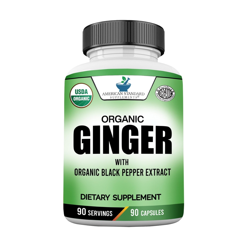 American Standard Supplements Biologische Gember Extract met Biologische Zwarte Pepper Extract, Veganistisch, Glutenvrij, Non-GMO, 90 Capsules, 90 Servers