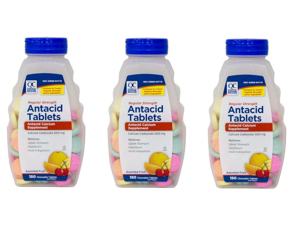 Quality Choice Regular Strength Calcium Carbonaat 500 mg Antacida Kauwtabletten, 150 Tel - Verpakking van 3