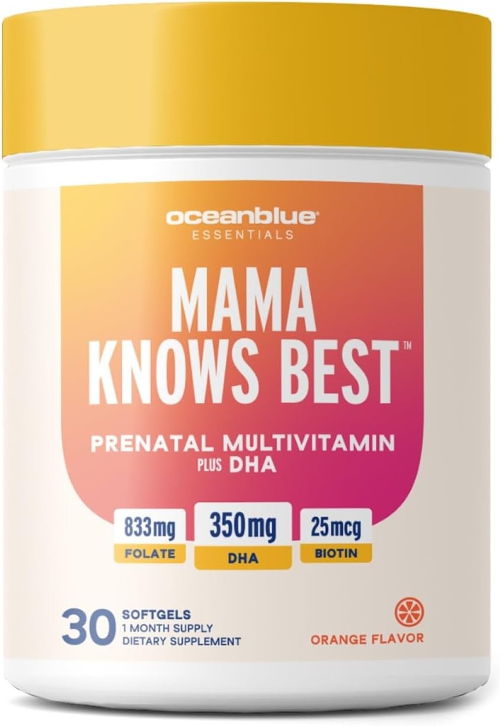Oceanblue Essentials Mama kent de beste . 30ct Prenatal Multivitamine met Omega-3 DHA Ondersteunt een gezonde zwangerschap Eenvoudig doorslikken Softgels Smakelijk Oranje smaak